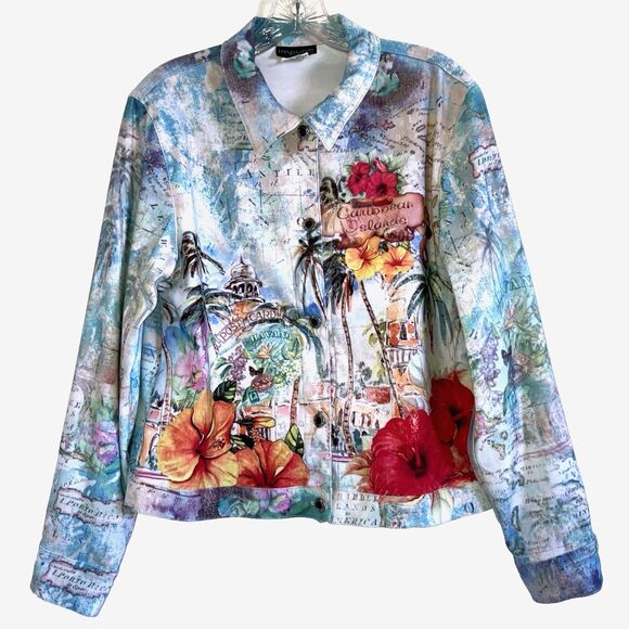 IMPULSE sz M Colorful Caribbean Jeans Denim Jacket Top Made in USA Floral Map - Picture 1 of 5